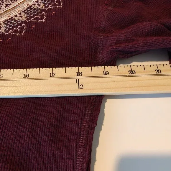 Free People Fair Isle Burgundy Purple Embroidered Thermal Top With Thumbholes - Picture 13 of 13